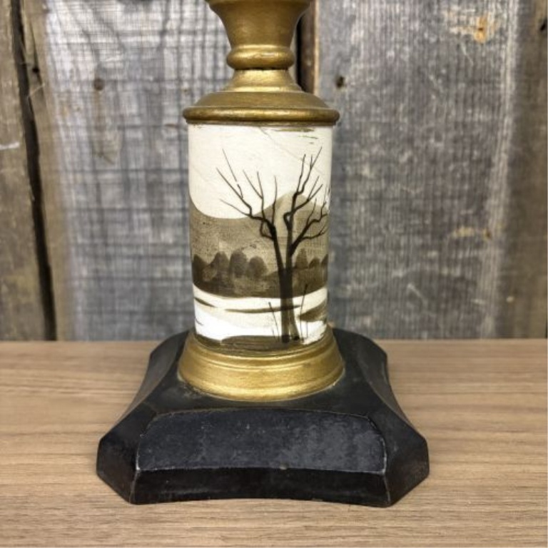 Victorian Composite Kerosene Lamp with Hand-Painted Winter Scene and Plume and Atwood Burner