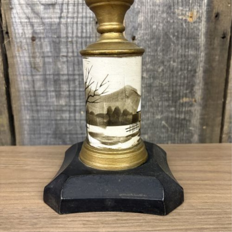 Victorian Composite Kerosene Lamp with Hand-Painted Winter Scene and Plume and Atwood Burner