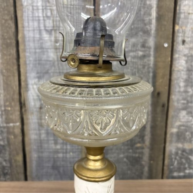Victorian Composite Kerosene Lamp with Hand-Painted Winter Scene and Plume and Atwood Burner