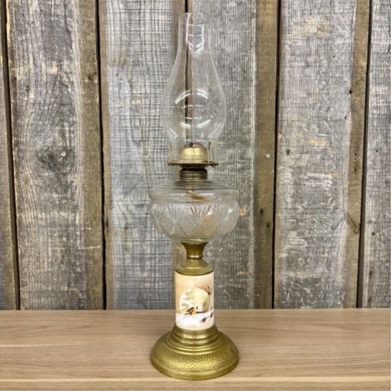 Antique Plume and Atwood Kerosene Table Lamp with Hand-Painted Winter Scene