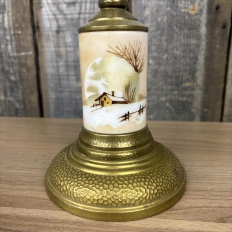 Antique Plume and Atwood Kerosene Table Lamp with Hand-Painted Winter Scene