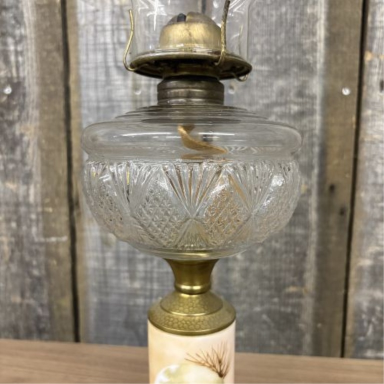 Antique Plume and Atwood Kerosene Table Lamp with Hand-Painted Winter Scene