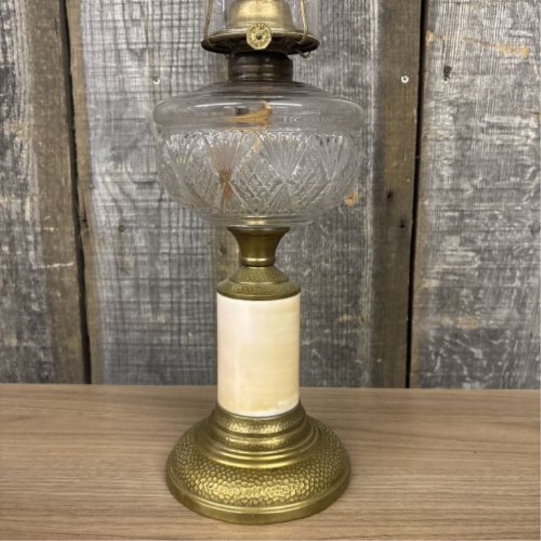 Antique Plume and Atwood Kerosene Table Lamp with Hand-Painted Winter Scene