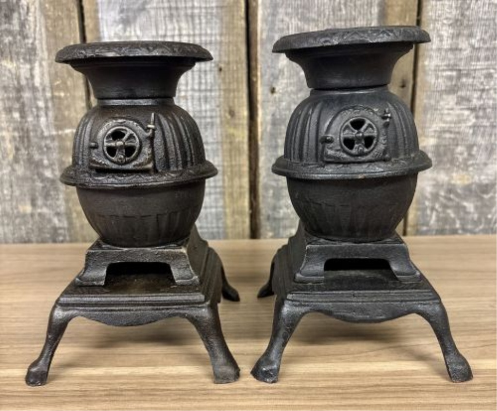 A Pair of Vintage Miniature Cast Iron Potbelly Stoves