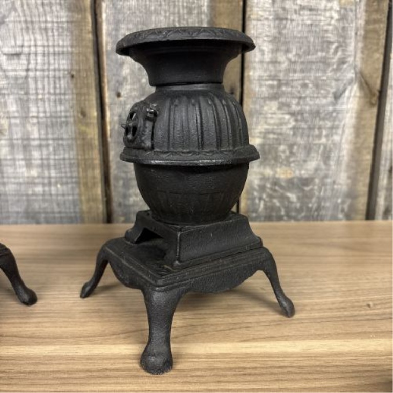 A Pair of Vintage Miniature Cast Iron Potbelly Stoves