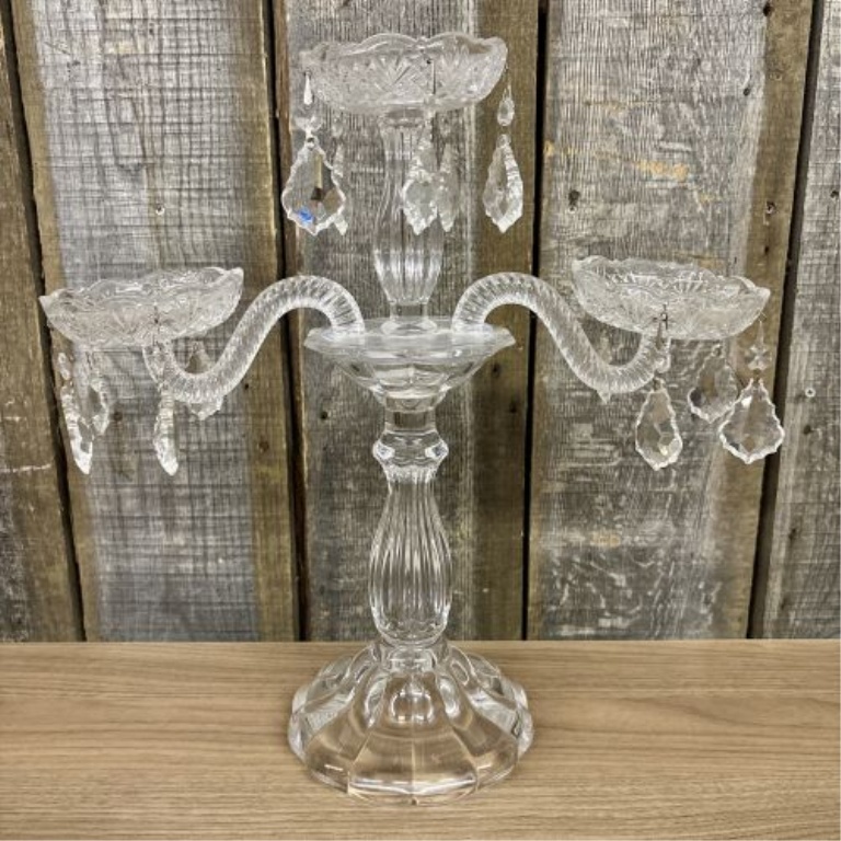 Three-Light Cut Glass and Crystal Candelabrum with Hanging Prisms