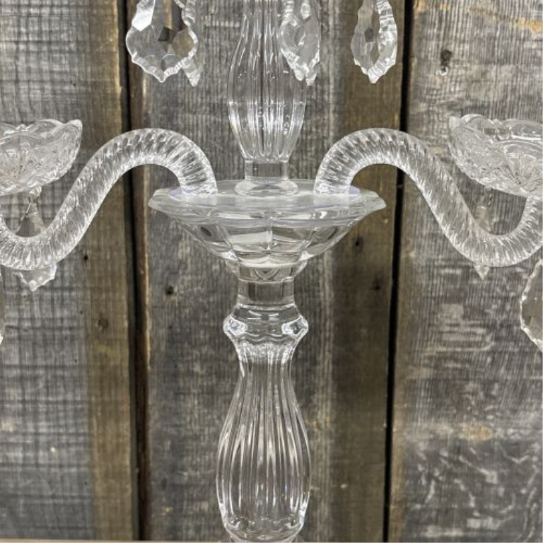 Three-Light Cut Glass and Crystal Candelabrum with Hanging Prisms