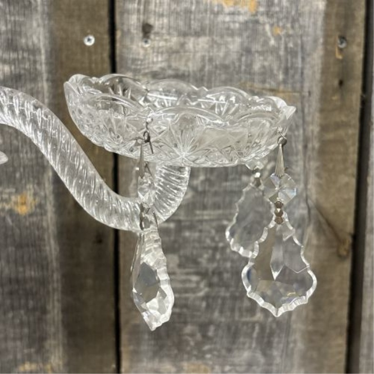 Three-Light Cut Glass and Crystal Candelabrum with Hanging Prisms
