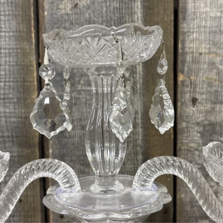 Three-Light Cut Glass and Crystal Candelabrum with Hanging Prisms