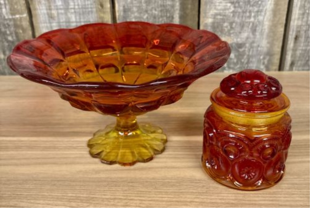 Two Pieces of Vintage Amberina Glass including a Large Pedestal Compote and a Lidded Jar