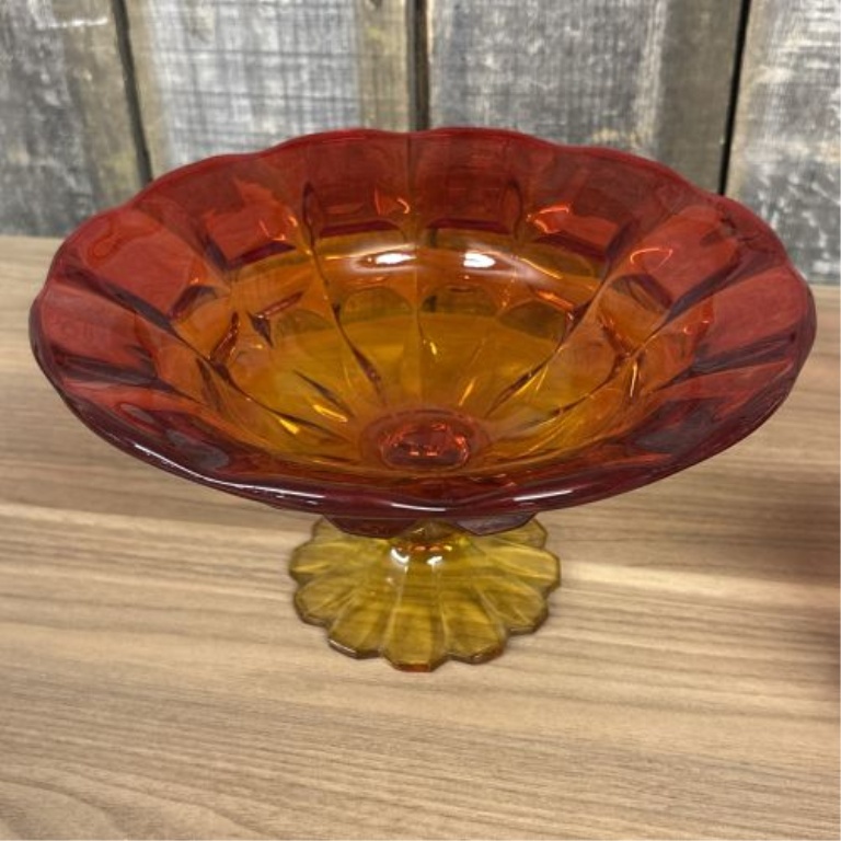 Two Pieces of Vintage Amberina Glass including a Large Pedestal Compote and a Lidded Jar