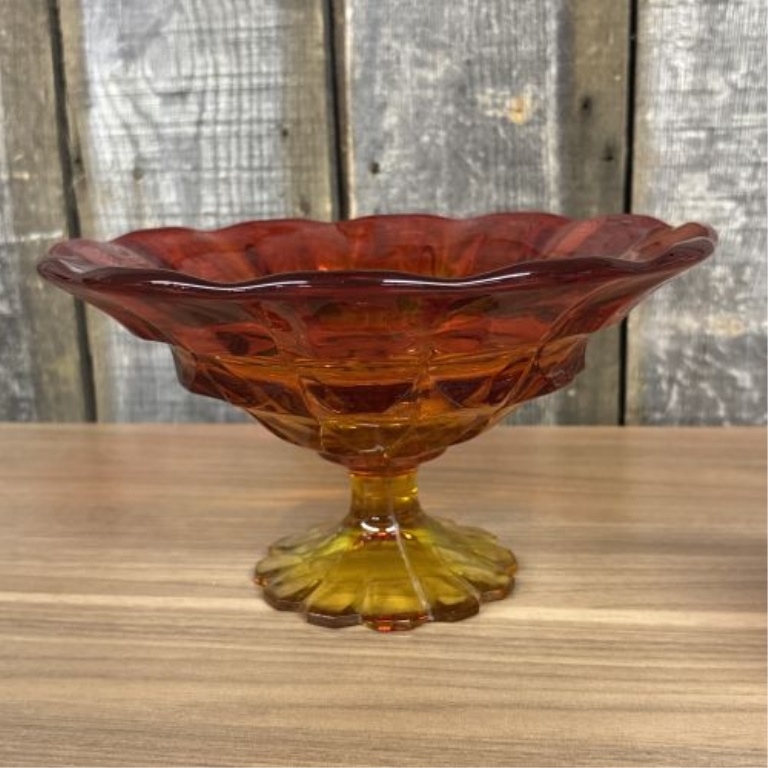 Two Pieces of Vintage Amberina Glass including a Large Pedestal Compote and a Lidded Jar
