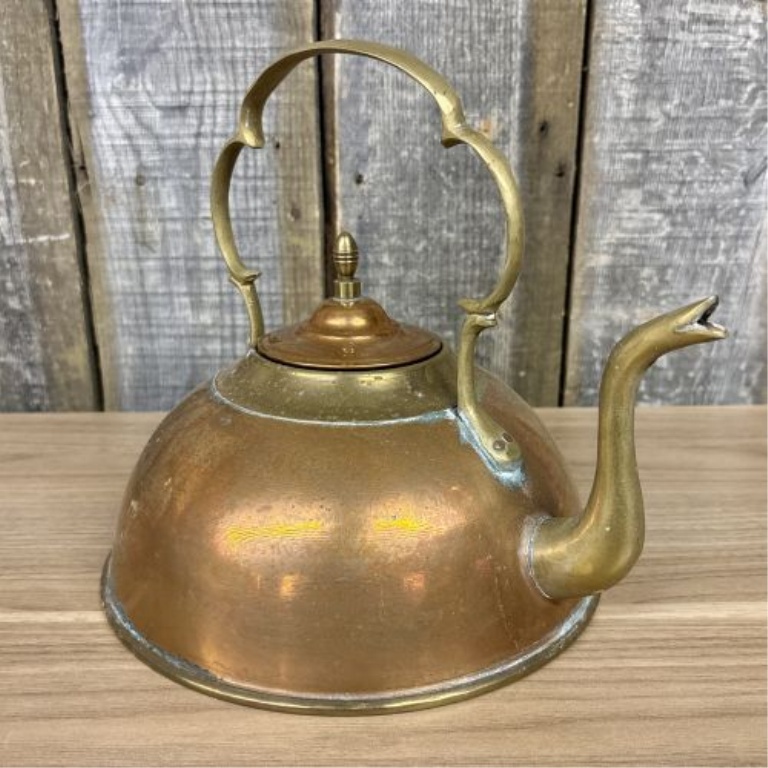Ethan Allen Colonial Revival Spun Copper and Cast Brass Tea Kettle