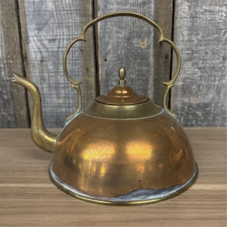 Ethan Allen Colonial Revival Spun Copper and Cast Brass Tea Kettle