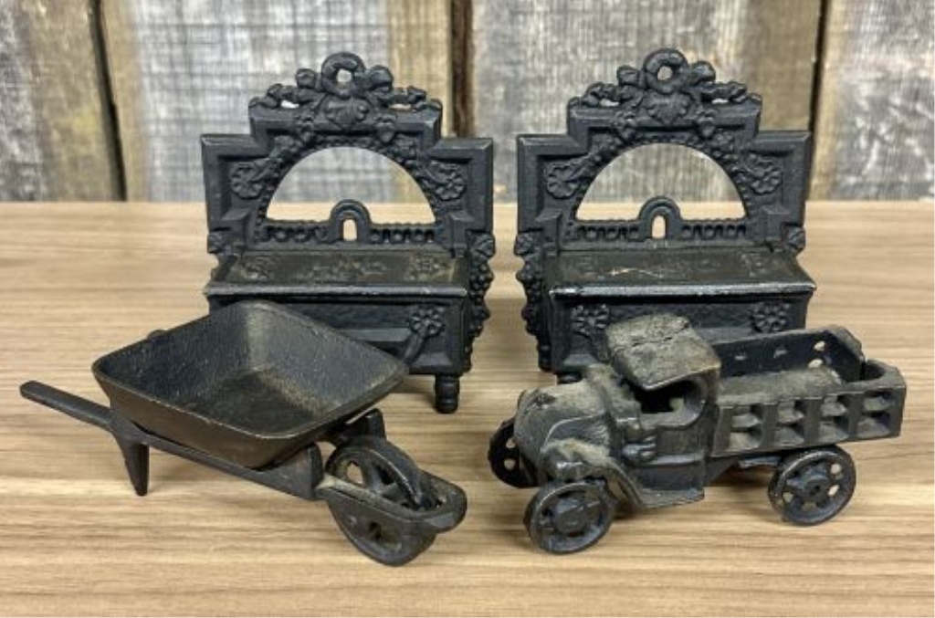 A Set of Four Miniature Cast Iron Toys and Decorative Match Holders