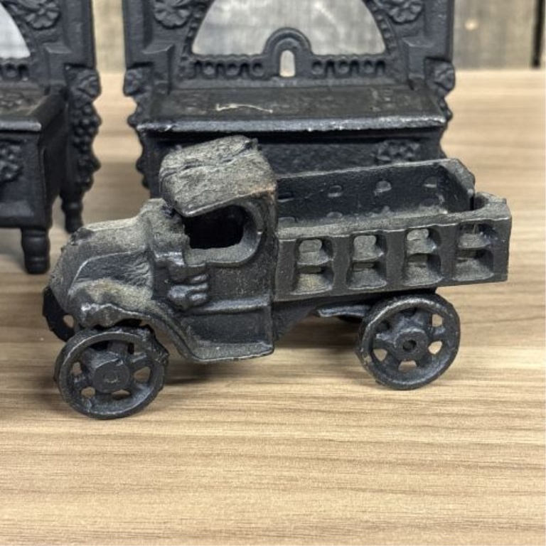 A Set of Four Miniature Cast Iron Toys and Decorative Match Holders