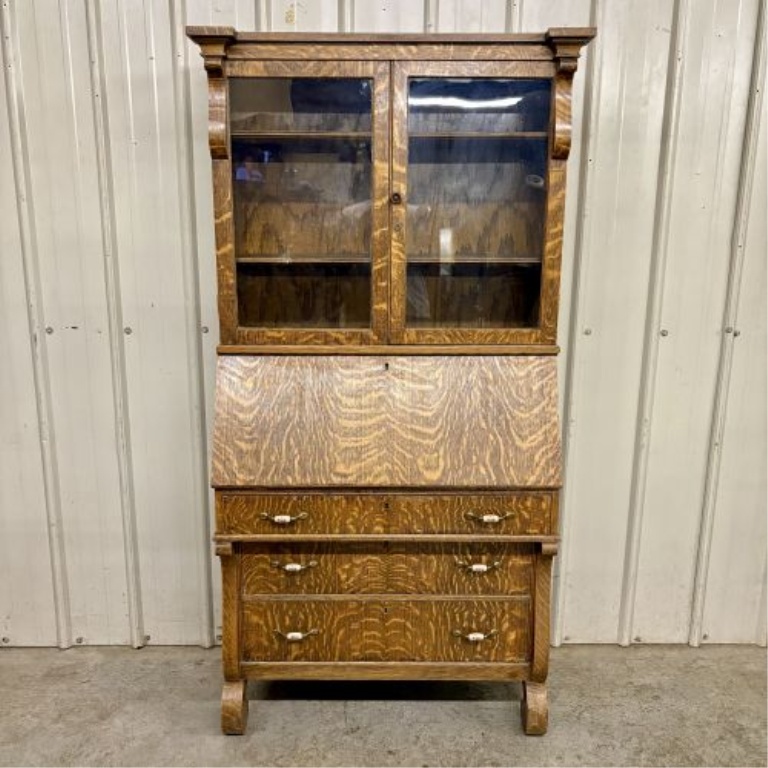 American Empire Revival Quarter Sawn Tiger Oak Slant Front Secretary Bookcase