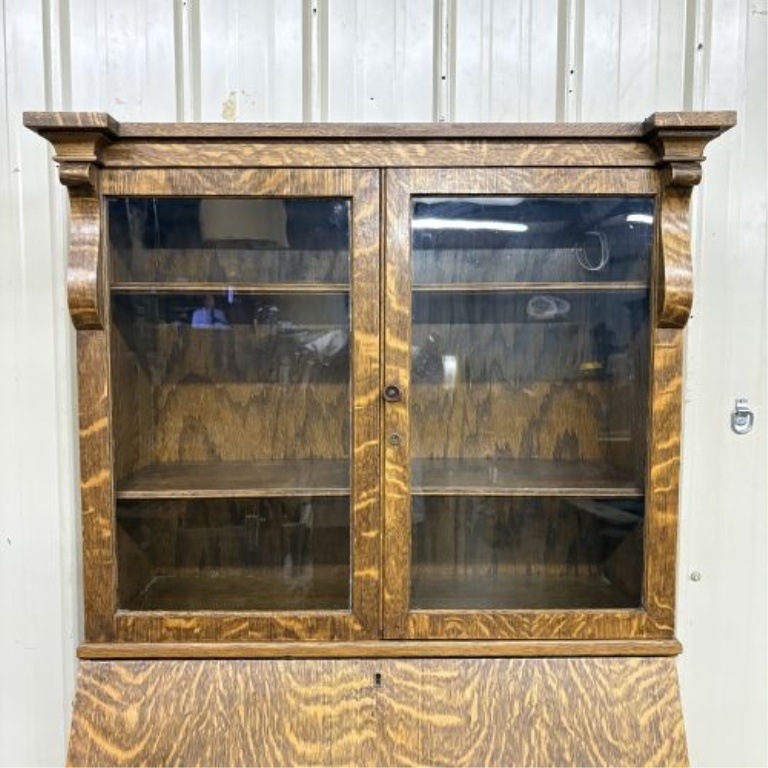 American Empire Revival Quarter Sawn Tiger Oak Slant Front Secretary Bookcase