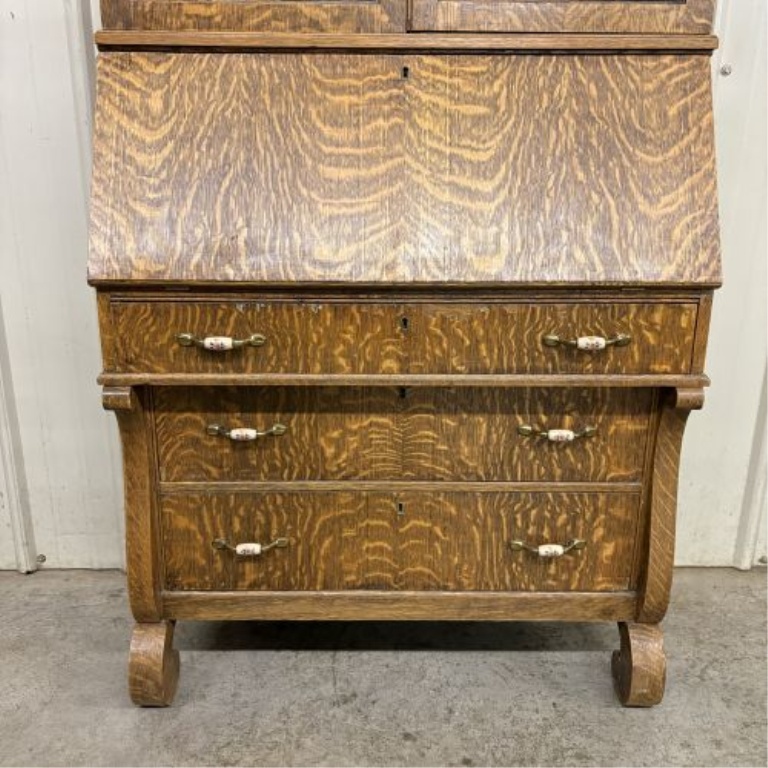 American Empire Revival Quarter Sawn Tiger Oak Slant Front Secretary Bookcase