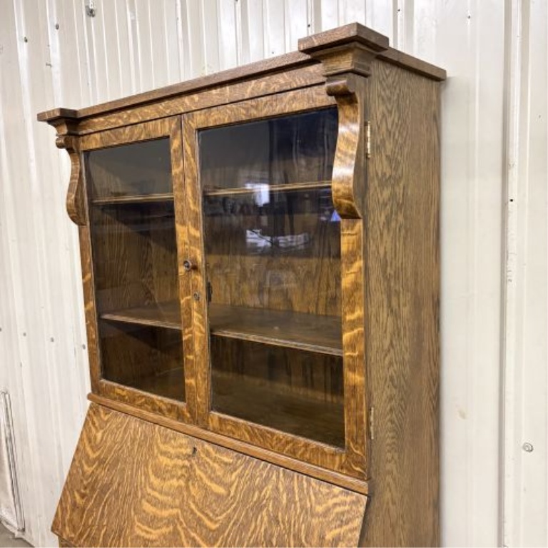 American Empire Revival Quarter Sawn Tiger Oak Slant Front Secretary Bookcase