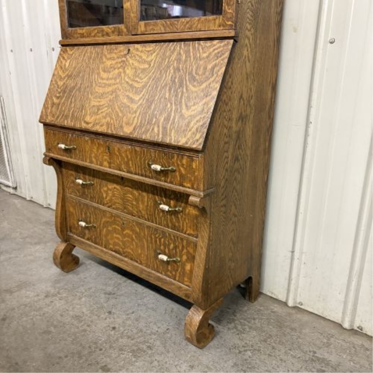 American Empire Revival Quarter Sawn Tiger Oak Slant Front Secretary Bookcase