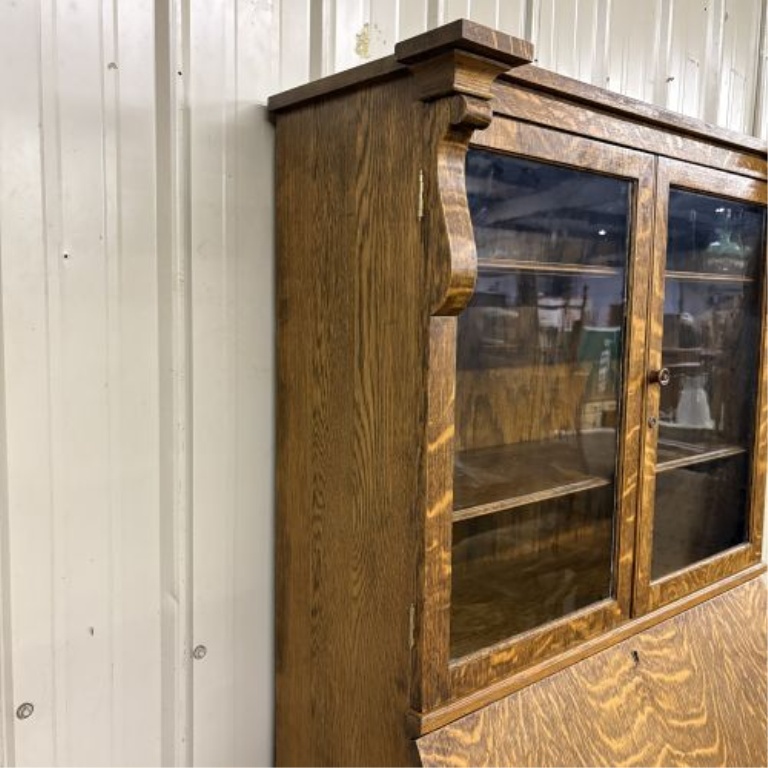 American Empire Revival Quarter Sawn Tiger Oak Slant Front Secretary Bookcase