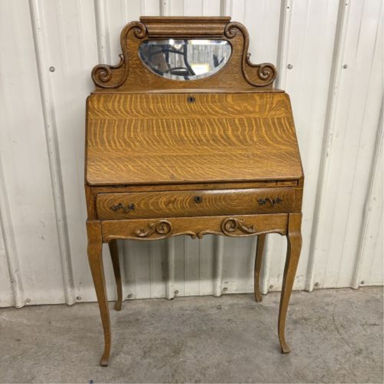 American Golden Oak Slant-Front Secretary Desk with Beveled Mirror Crest
