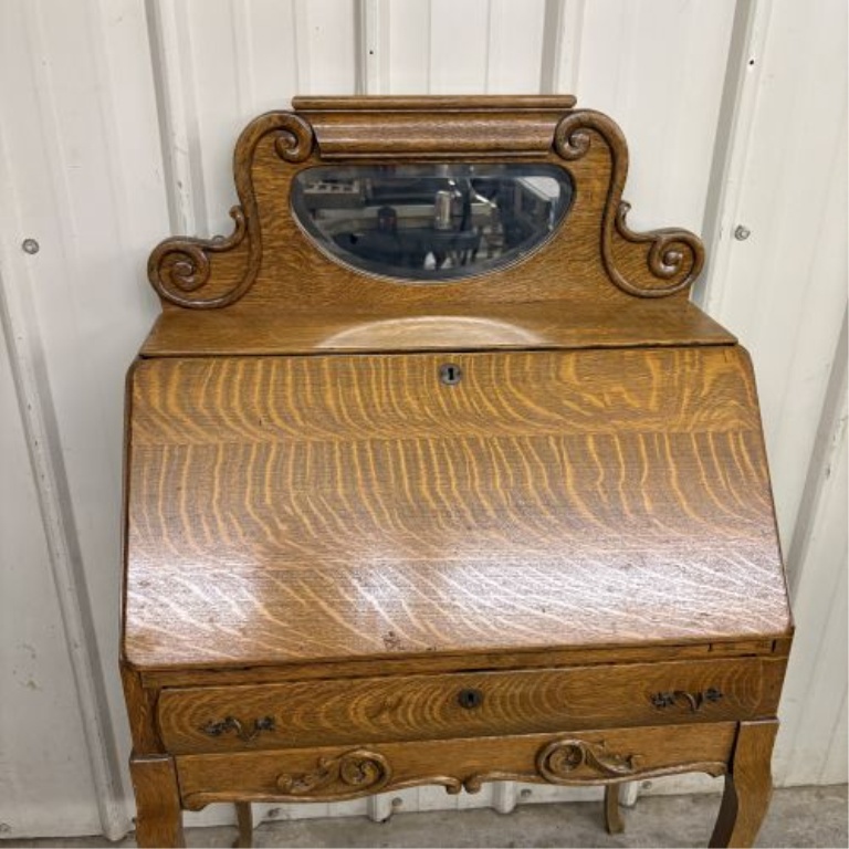 American Golden Oak Slant-Front Secretary Desk with Beveled Mirror Crest