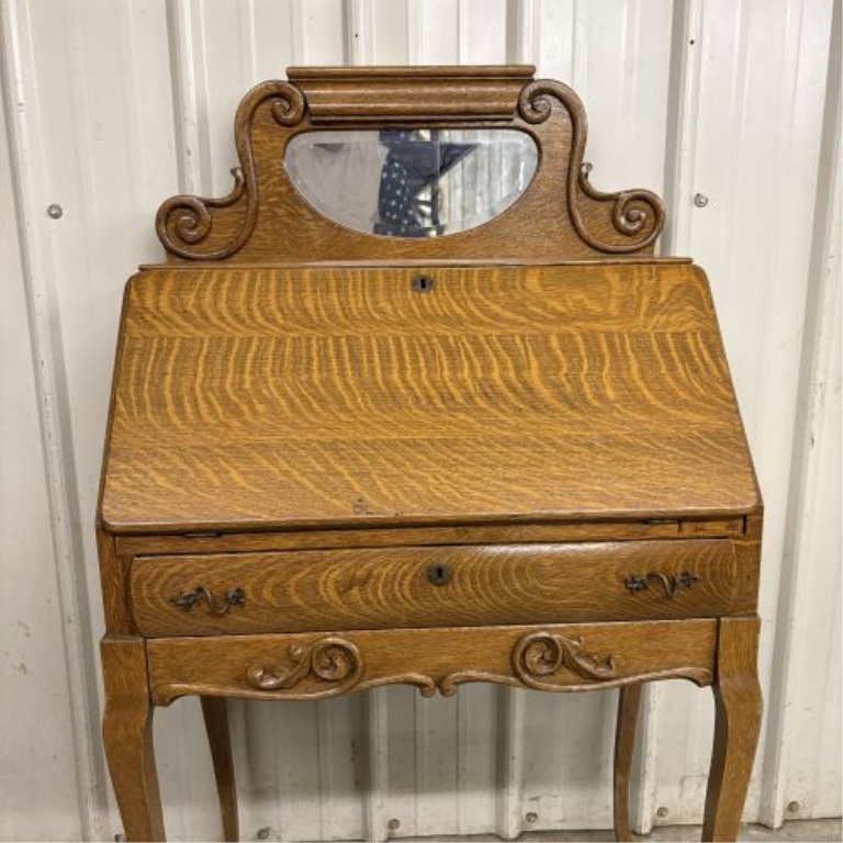 American Golden Oak Slant-Front Secretary Desk with Beveled Mirror Crest