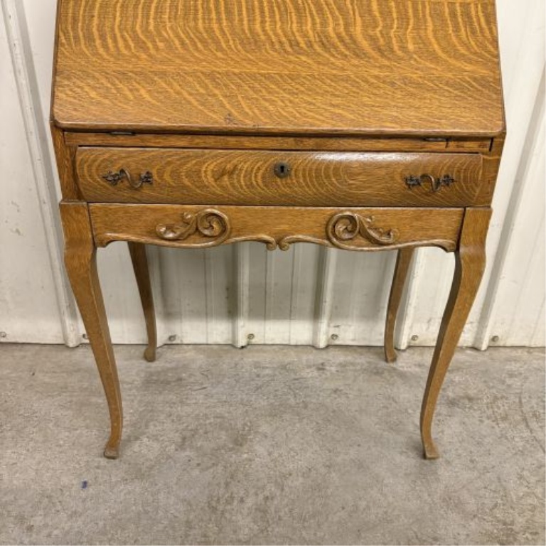 American Golden Oak Slant-Front Secretary Desk with Beveled Mirror Crest