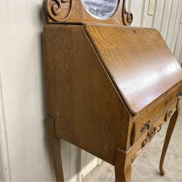 American Golden Oak Slant-Front Secretary Desk with Beveled Mirror Crest