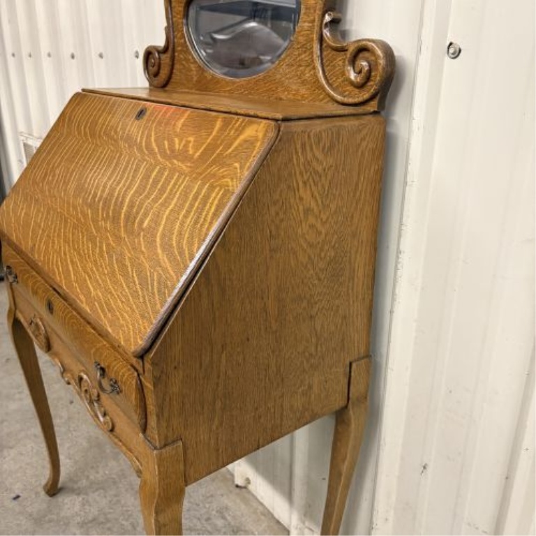 American Golden Oak Slant-Front Secretary Desk with Beveled Mirror Crest