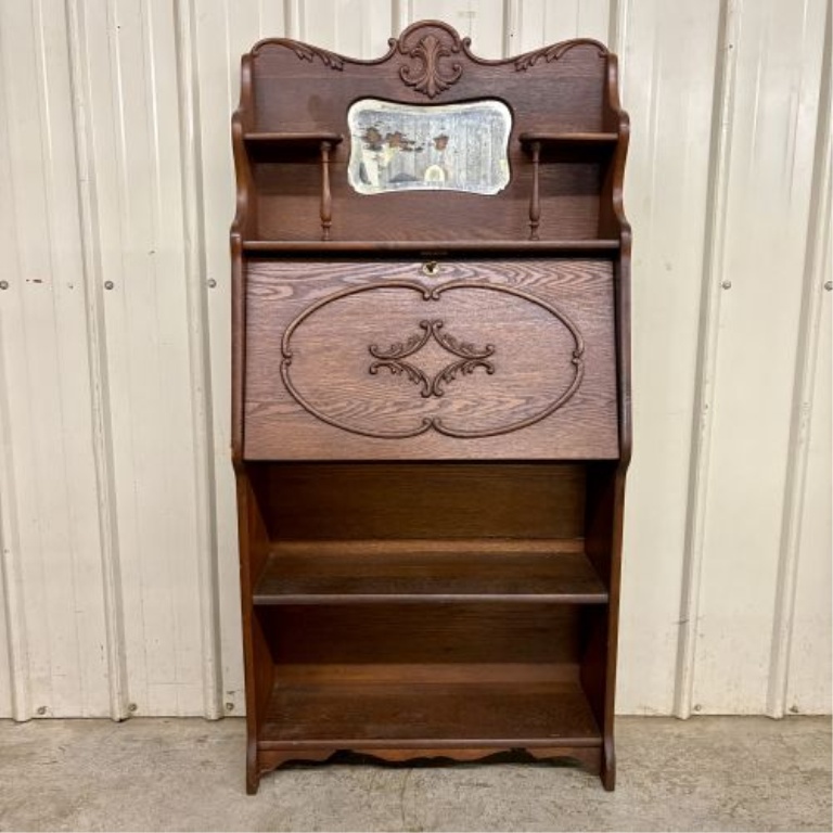 Antique Larkin-Style Oak Drop-Front Secretary Desk with Shelves