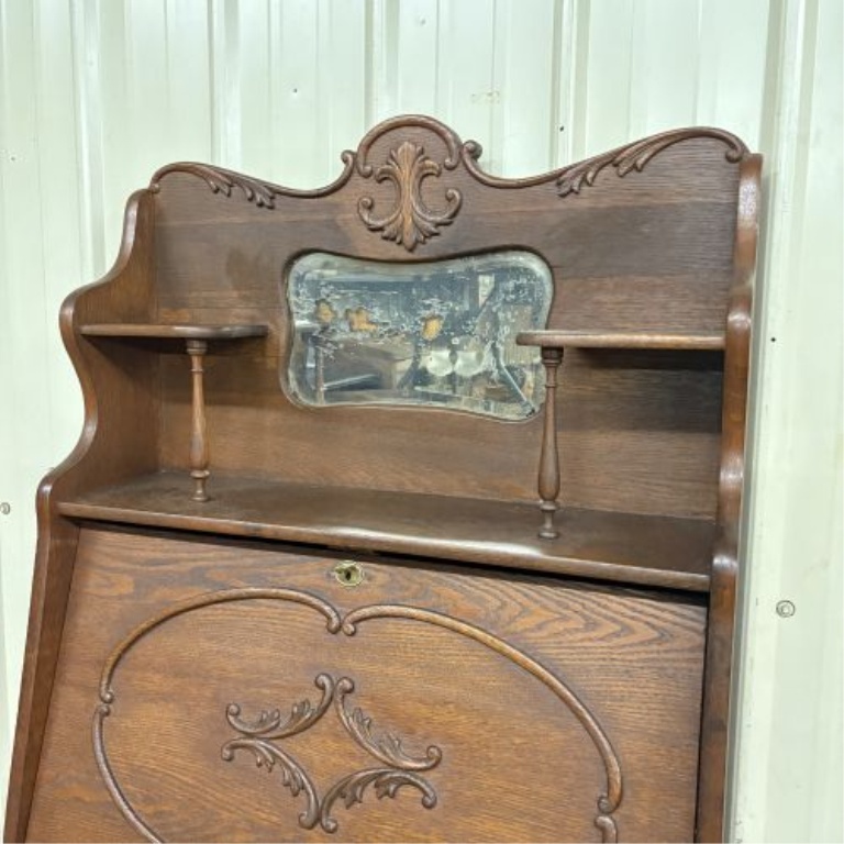 Antique Larkin-Style Oak Drop-Front Secretary Desk with Shelves