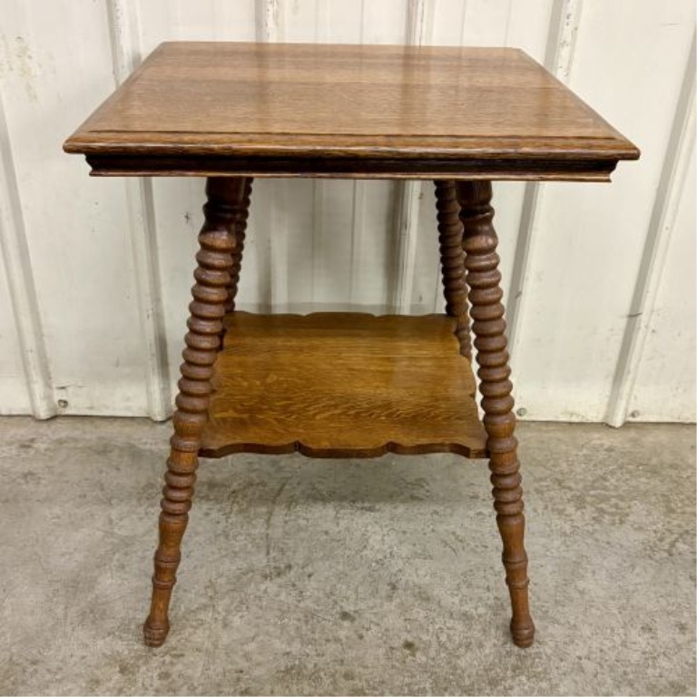 American Victorian Quartersawn Oak Square Parlor Table with Bobbin Legs