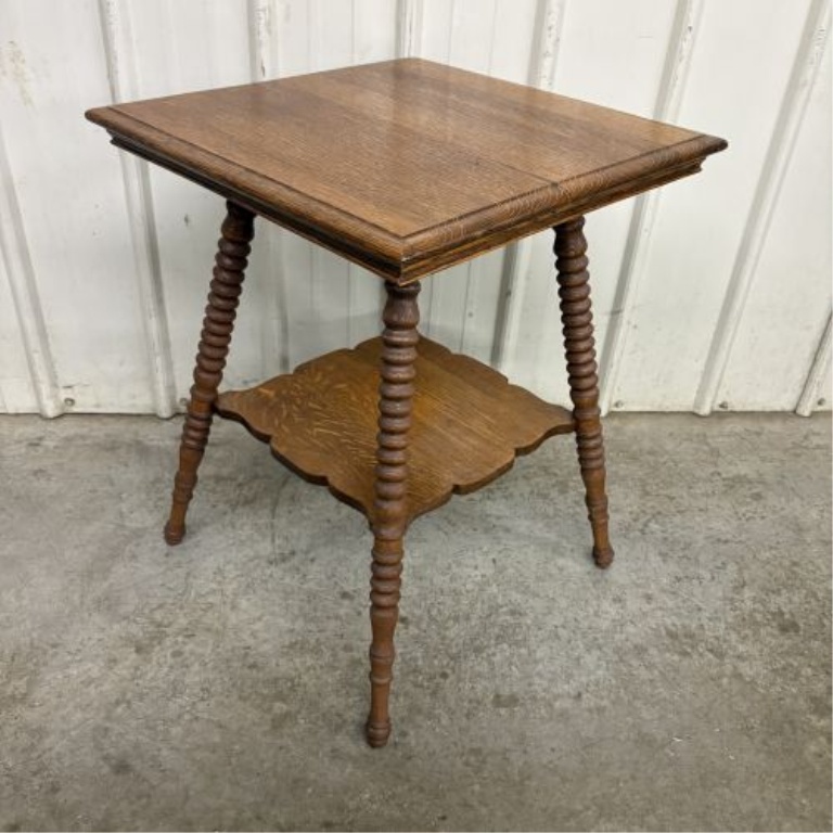 American Victorian Quartersawn Oak Square Parlor Table with Bobbin Legs