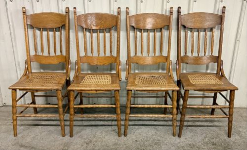 Set of four American Victorian Spindle Back Oak Side Chairs with Cane Seats