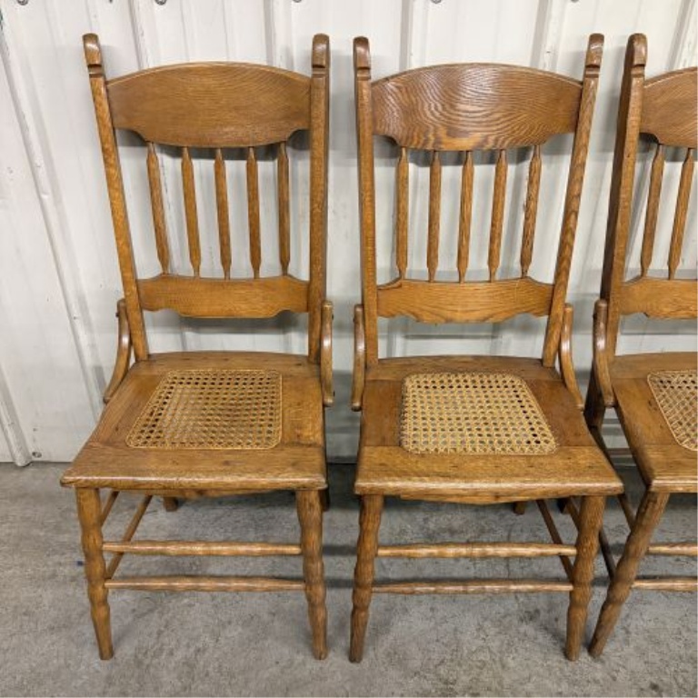 Set of four American Victorian Spindle Back Oak Side Chairs with Cane Seats