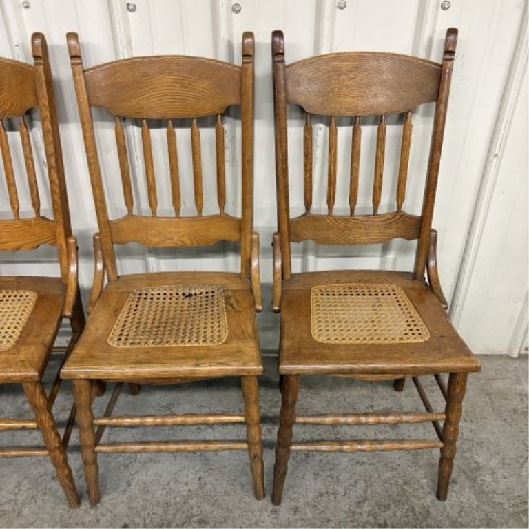 Set of four American Victorian Spindle Back Oak Side Chairs with Cane Seats