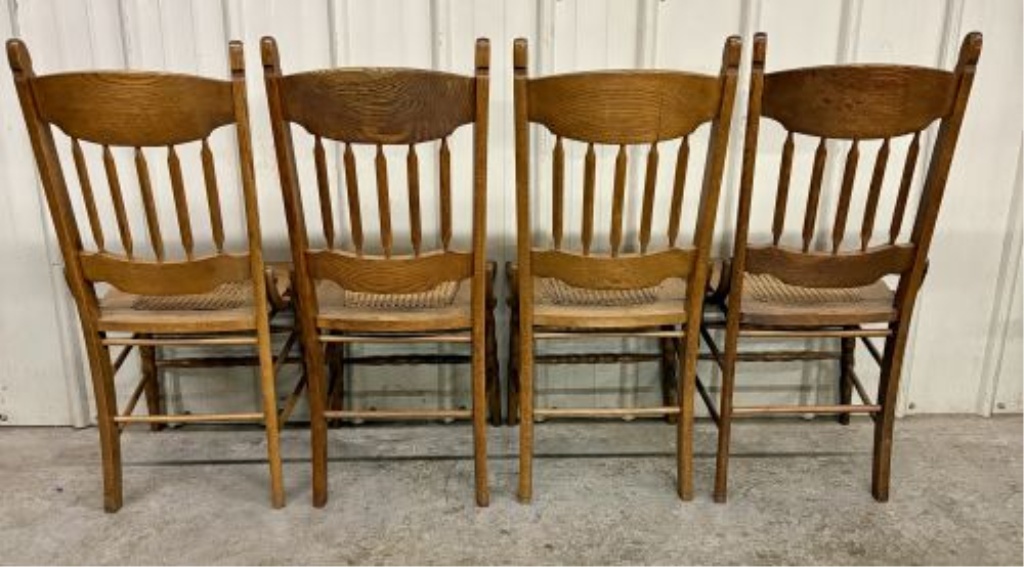 Set of four American Victorian Spindle Back Oak Side Chairs with Cane Seats