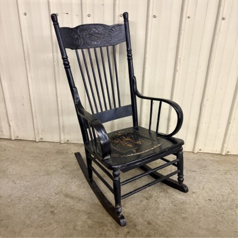 American Black-Painted Press-Back Spindle Rocking Chair