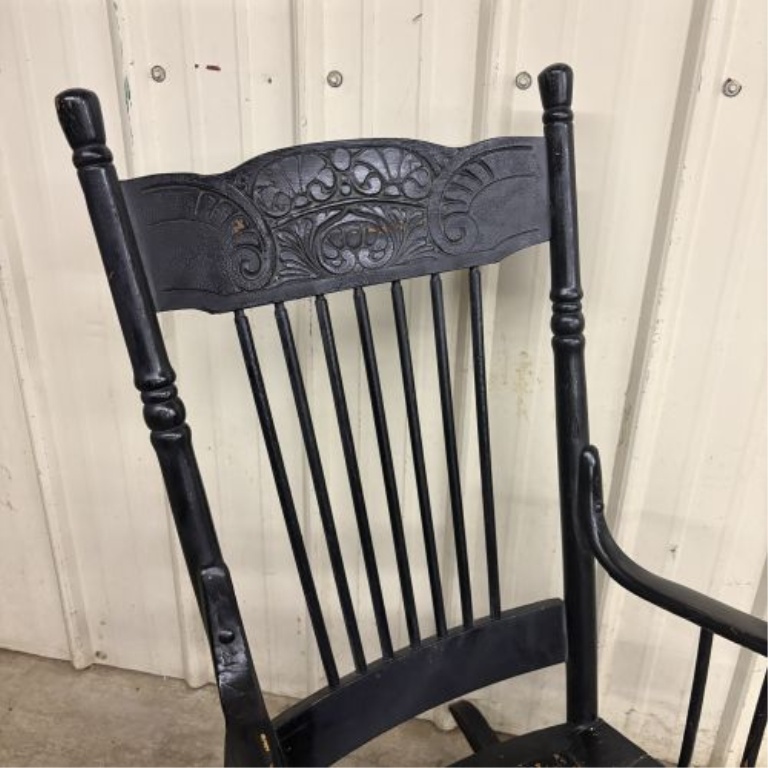 American Black-Painted Press-Back Spindle Rocking Chair