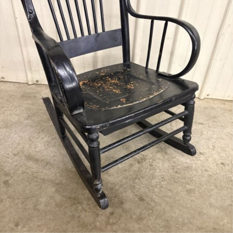 American Black-Painted Press-Back Spindle Rocking Chair