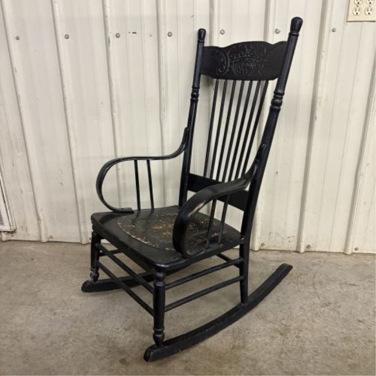 American Black-Painted Press-Back Spindle Rocking Chair