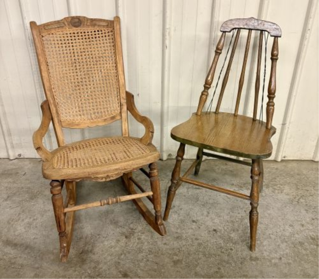 Two American Wooden Chairs including a Victorian Style Caned Rocker and a Press-Back Spindle Chair