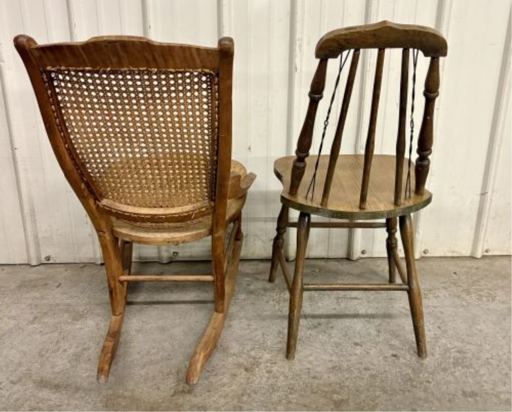 Two American Wooden Chairs including a Victorian Style Caned Rocker and a Press-Back Spindle Chair