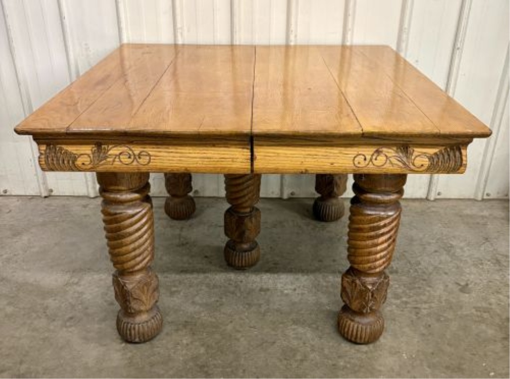 American Victorian Quartersawn Oak Extension Dining Table with Barley Twist Legs