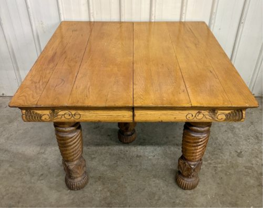 American Victorian Quartersawn Oak Extension Dining Table with Barley Twist Legs