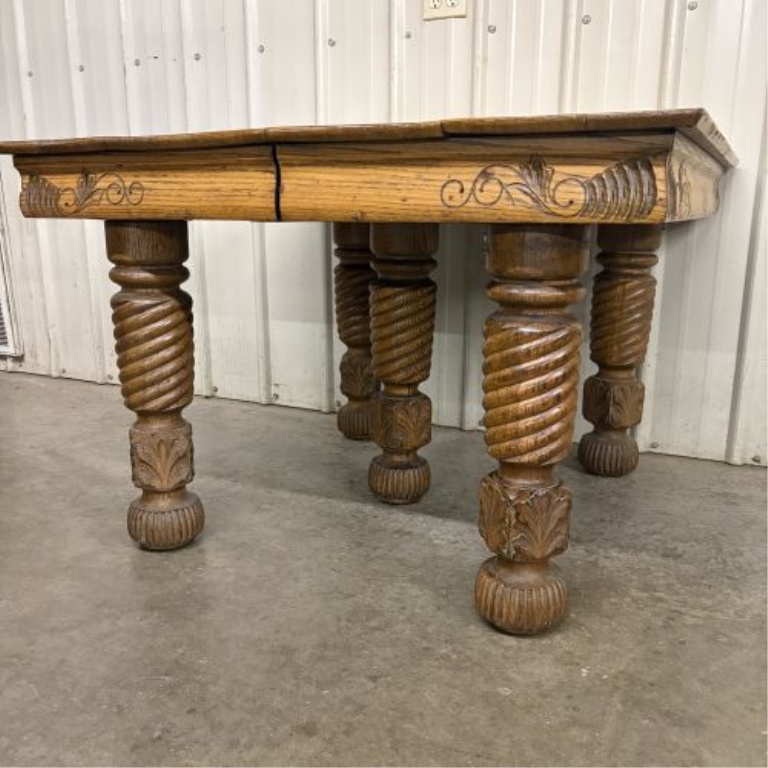 American Victorian Quartersawn Oak Extension Dining Table with Barley Twist Legs