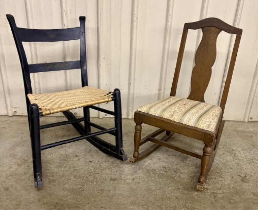 Two Antique American Armless Sewing Rockers in Hitchcock and Colonial Revival Styles